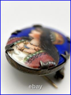 Victorian Handmade Sterling Silver Portrait Hand Painted Brooch