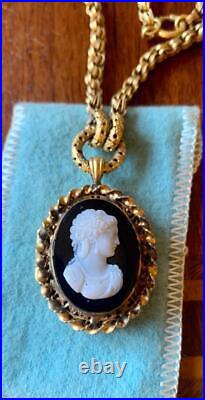 Victorian Hardstone Cameo Locket Necklace Hand Carved Antique Book Chain 1870