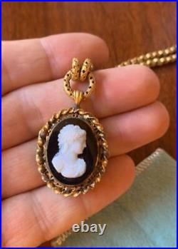 Victorian Hardstone Cameo Locket Necklace Hand Carved Antique Book Chain 1870