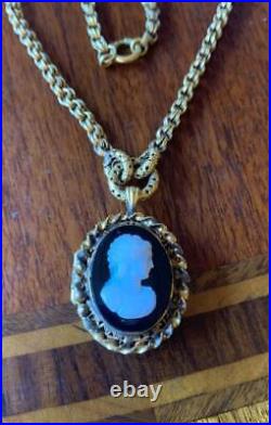 Victorian Hardstone Cameo Locket Necklace Hand Carved Antique Book Chain 1870