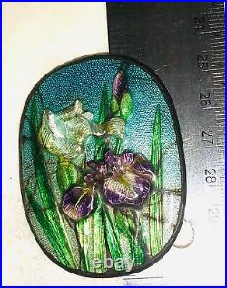 Victorian Iris Brooch Enamel Guilloche Bronze Flower Japanese Orchid Pin