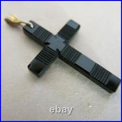 Victorian Jet Cross Hand Carved with Gold Filled Bail 3903