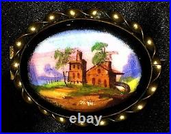 Victorian Landscape Brooch Hand Painted Porcelain Enamel Manor Scene Pin Antique
