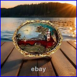 Victorian Landscape of a River, Tower & Bridge Hand Painted on MOP Gilt Brooch