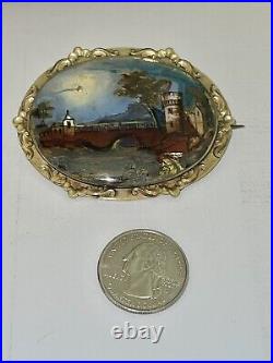 Victorian Landscape of a River, Tower & Bridge Hand Painted on MOP Gilt Brooch