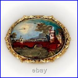 Victorian Landscape of a River, Tower & Bridge Hand Painted on MOP Gilt Brooch