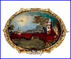 Victorian Landscape of a River, Tower & Bridge Hand Painted on MOP Gilt Brooch