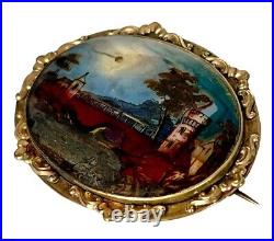 Victorian Landscape of a River, Tower & Bridge Hand Painted on MOP Gilt Brooch