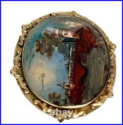 Victorian Landscape of a River, Tower & Bridge Hand Painted on MOP Gilt Brooch