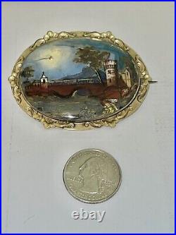 Victorian Landscape of a River, Tower & Bridge Hand Painted on MOP Gilt Brooch