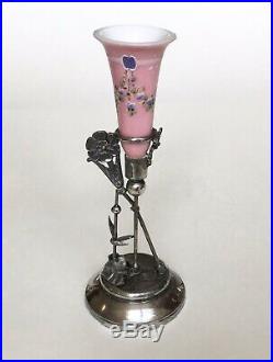 Victorian MERIDEN B. Company Silverplate Pink Hand Painted Glass Bud Vase No. 333