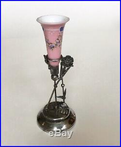 Victorian MERIDEN B. Company Silverplate Pink Hand Painted Glass Bud Vase No. 333
