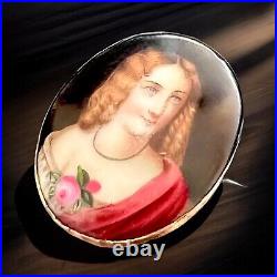 Victorian Miniature Portrait Lady Sterling Silver Brooch Antique Hand Crafted