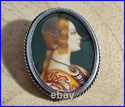 Victorian Miniature Portrait Pendant Brooch. Hand Painted. Silver And Oil On Bon