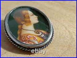 Victorian Miniature Portrait Pendant Brooch. Hand Painted. Silver And Oil On Bon