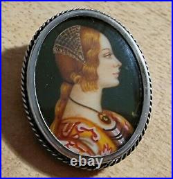 Victorian Miniature Portrait Pendant Brooch. Hand Painted. Silver And Oil On Bon