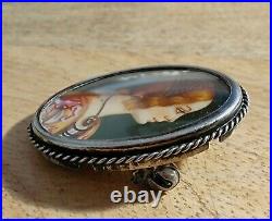 Victorian Miniature Portrait Pendant Brooch. Hand Painted. Silver And Oil On Bon