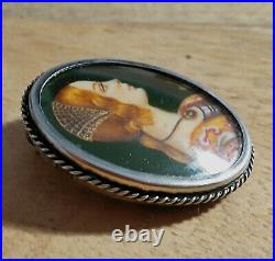 Victorian Miniature Portrait Pendant Brooch. Hand Painted. Silver And Oil On Bon