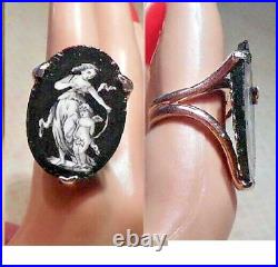 Victorian Mother Daughter Ring Hand Painted Porcelain HUGE Gold Plated Ring OOAK