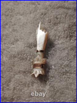 Victorian Mother Of Pearl Hand Brooch Pin With Gilt Cut Antique Figural Jewelry