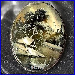 Victorian Mother of Pearl Brooch Hand Painted Winter Cabin Scene Russia