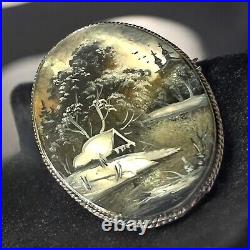Victorian Mother of Pearl Brooch Hand Painted Winter Cabin Scene Russia