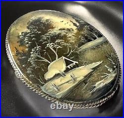 Victorian Mother of Pearl Brooch Hand Painted Winter Cabin Scene Russia