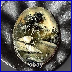 Victorian Mother of Pearl Brooch Hand Painted Winter Cabin Scene Russia