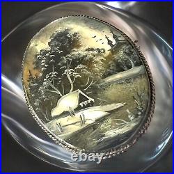 Victorian Mother of Pearl Brooch Hand Painted Winter Cabin Scene Russia