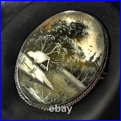 Victorian Mother of Pearl Brooch Hand Painted Winter Cabin Scene Russia