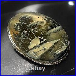 Victorian Mother of Pearl Brooch Hand Painted Winter Cabin Scene Russia