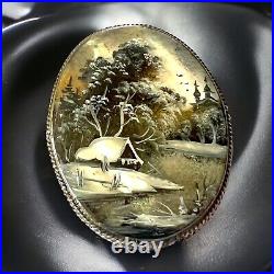Victorian Mother of Pearl Brooch Hand Painted Winter Cabin Scene Russia