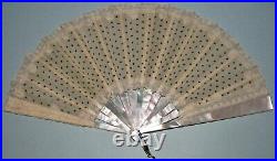 Victorian Mother of Pearl, Gauze, & Spangles Folding Hand Fan with box