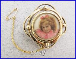 Victorian Mourning Brooch Pin Hand Painted Girl's Face Hair Under Glass Swivel