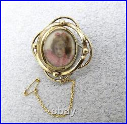 Victorian Mourning Brooch Pin Hand Painted Girl's Face Hair Under Glass Swivel