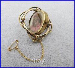 Victorian Mourning Brooch Pin Hand Painted Girl's Face Hair Under Glass Swivel