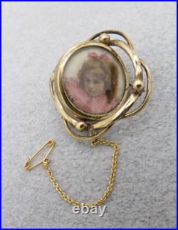 Victorian Mourning Brooch Pin Hand Painted Girl's Face Hair Under Glass Swivel