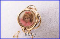 Victorian Mourning Brooch Pin Hand Painted Girl's Face Hair Under Glass Swivel