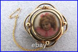 Victorian Mourning Brooch Pin Hand Painted Girl's Face Hair Under Glass Swivel