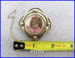 Victorian Mourning Brooch Pin Hand Painted Girl's Face Hair Under Glass Swivel