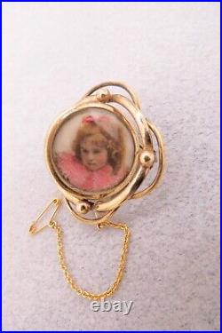 Victorian Mourning Brooch Pin Hand Painted Girl's Face Hair Under Glass Swivel