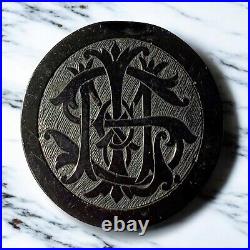 Victorian Mourning Brooch Whitby Jet Hand-Carved Millicent Puzzle Monogram Pin