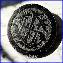 Victorian Mourning Brooch Whitby Jet Hand-Carved Millicent Puzzle Monogram Pin