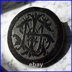 Victorian Mourning Brooch Whitby Jet Hand-Carved Millicent Puzzle Monogram Pin