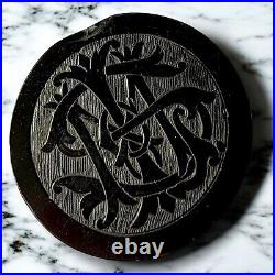 Victorian Mourning Brooch Whitby Jet Hand-Carved Millicent Puzzle Monogram Pin