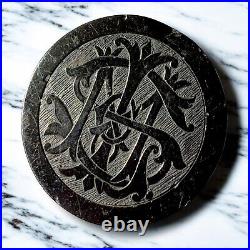 Victorian Mourning Brooch Whitby Jet Hand-Carved Millicent Puzzle Monogram Pin