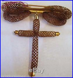 Victorian Mourning Hair Antique Jewelry Cross Double Bow Hand Braid Broach Pin