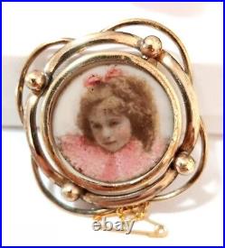 Victorian Mourning Hand Painted Girl's Face Brooch Pin Under Glass 1 5/8 Swivel