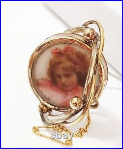 Victorian Mourning Hand Painted Girl's Face Brooch Pin Under Glass 1 5/8 Swivel