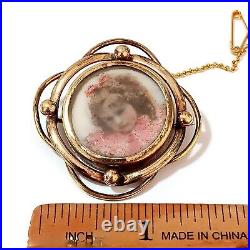 Victorian Mourning Hand Painted Girl's Face Brooch Pin Under Glass 1 5/8 Swivel